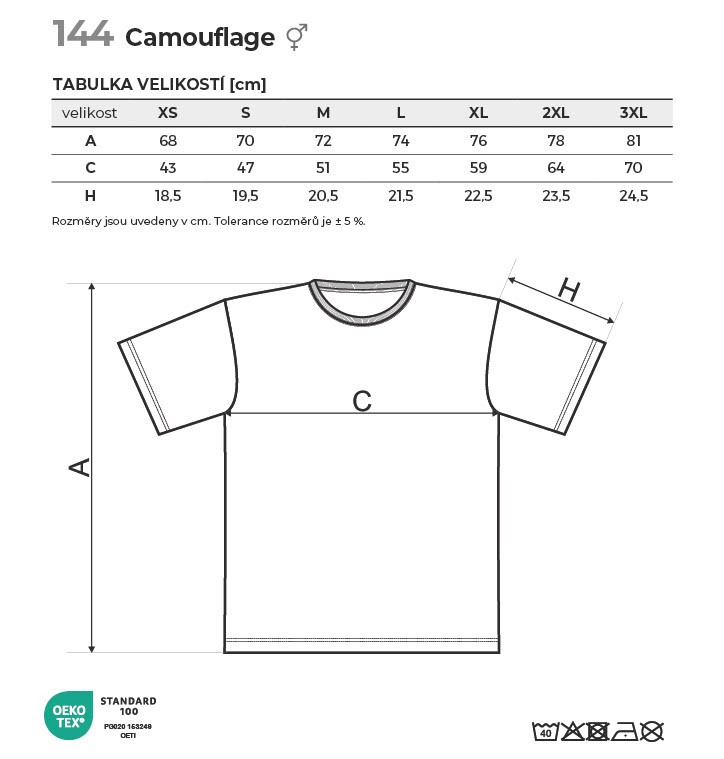 144 Camouflage tričko unisex Tabulka velikostí